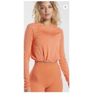 Gymshark Women SWEAT SEAMLESS LONG SLEEVE CROP TOP Athletic Long Slv  M Orange